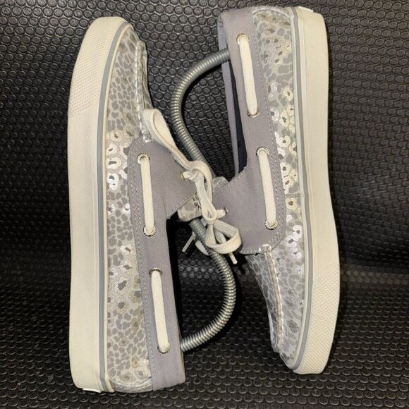 Sperry Top Sider White Gray Silver Leopard Canvas Lace Up Boat Shoes Size 9M - Picture 5 of 8